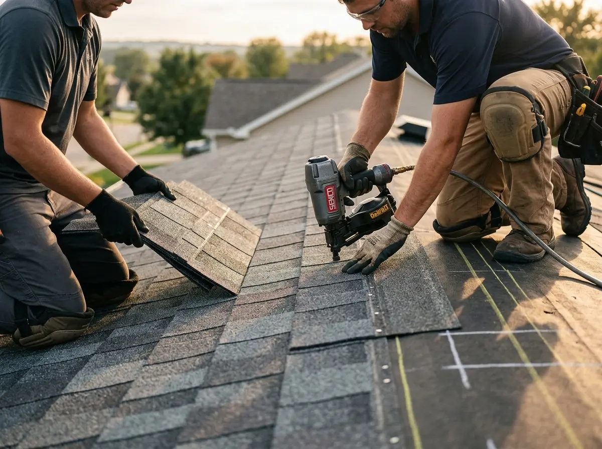 Professional roofer working on a residential roof in Raytown